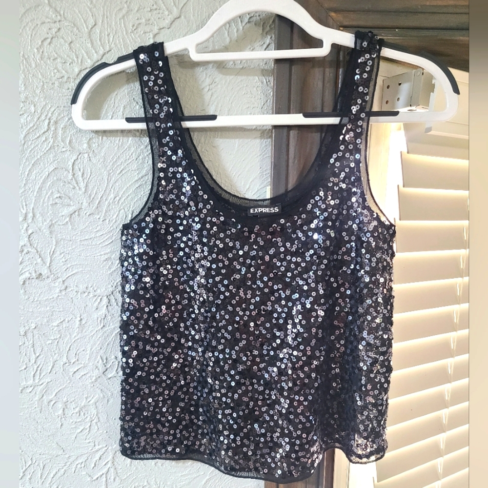 Express Shimmering Black Sequin Crop Sheer Tank Top